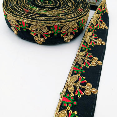 Black Art Silk Trim In Red And Gold Embroidery, Approx. 35mm wide, Decorative Trim
